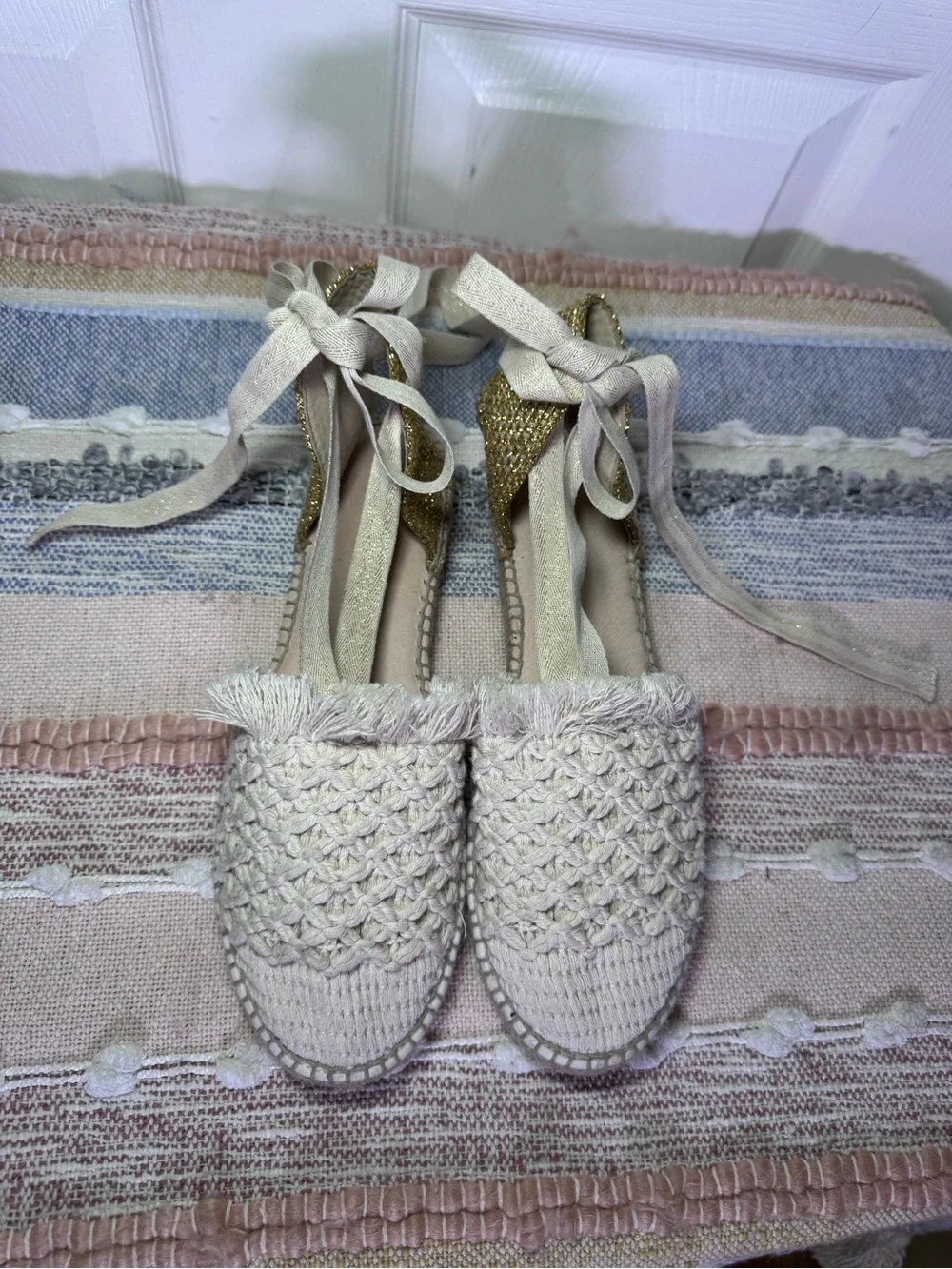 Free People Vida Ivory Woven Lurex Lace-Up Flatform Espadrilles